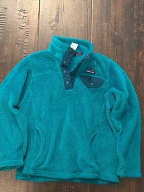 Patagonia Teal Fleece Pullover with Navy Trim